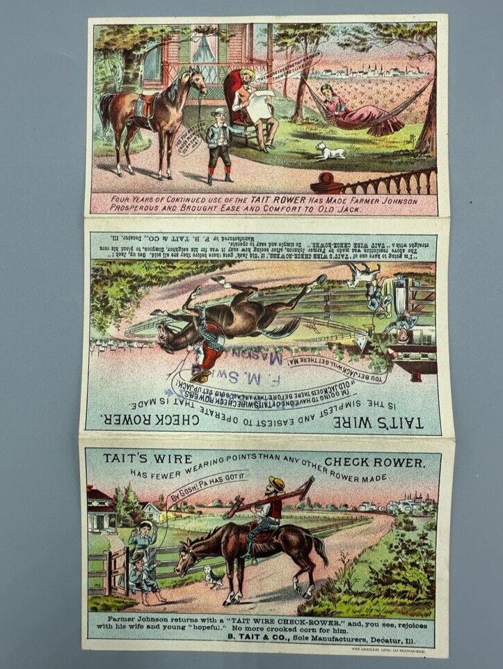 1880s TAITs WIRE Check Rower FARM Advertising Folding Trade Card DECATUR Ill