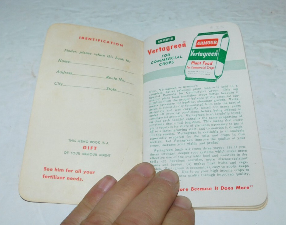 NEAT VINTAGE 1961 FARMING ARMOUR VERTILIZERS UNUSED POCKET LEDGER
