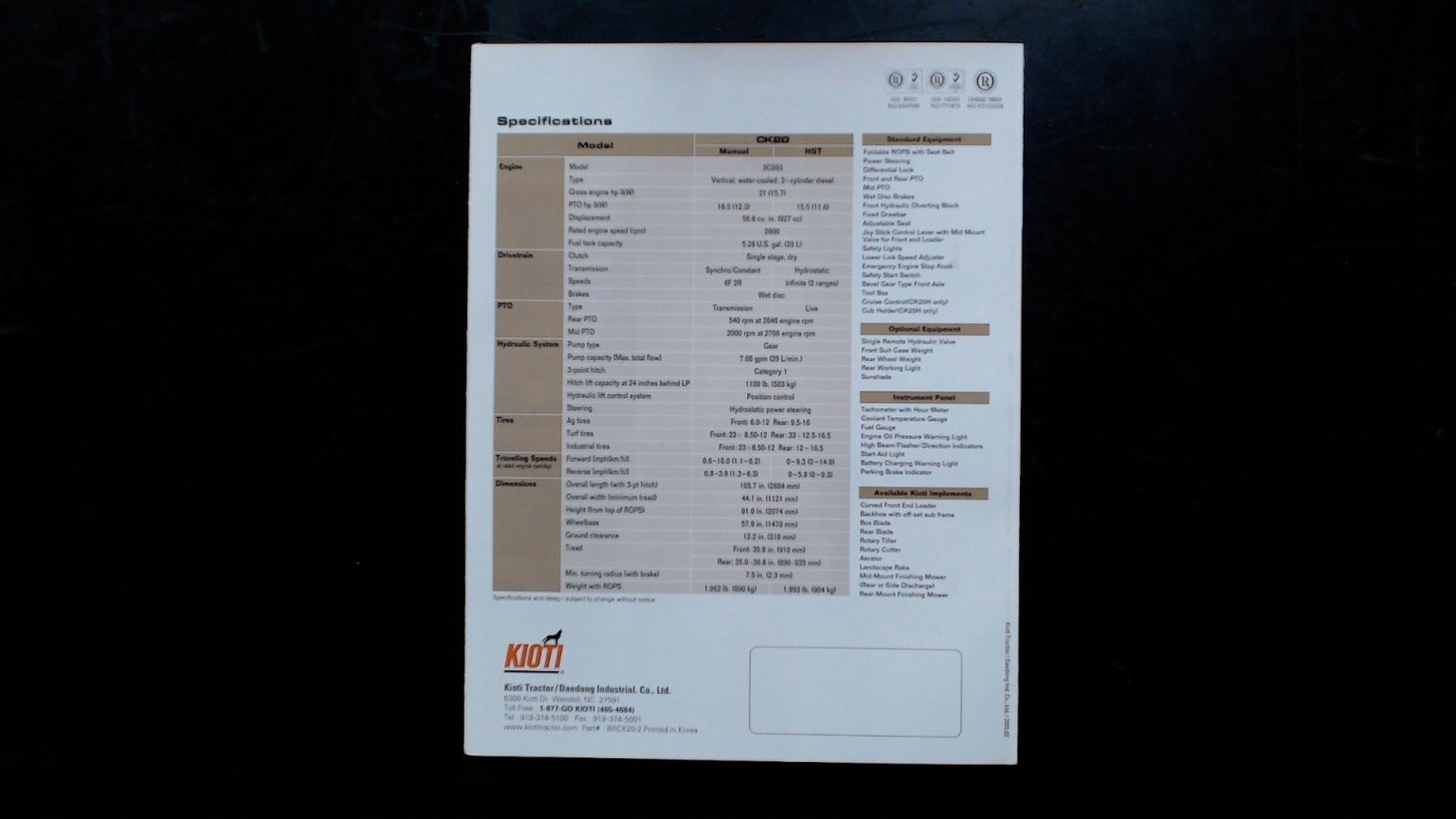 Kioti Compact Utility Tractor CK20 Brochure 20HP Agriculture
