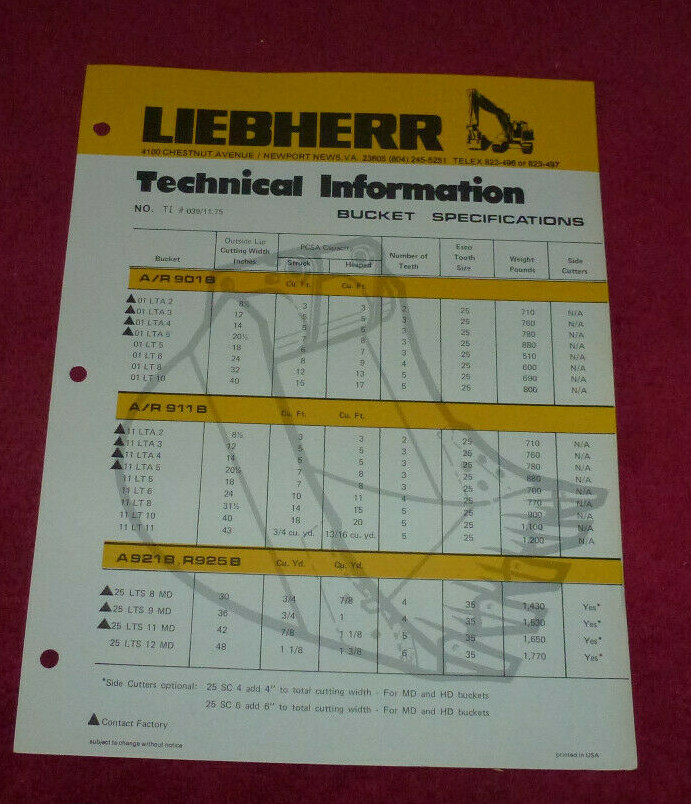 Vintage Liebherr Technical Information Bucket Specifications 1975