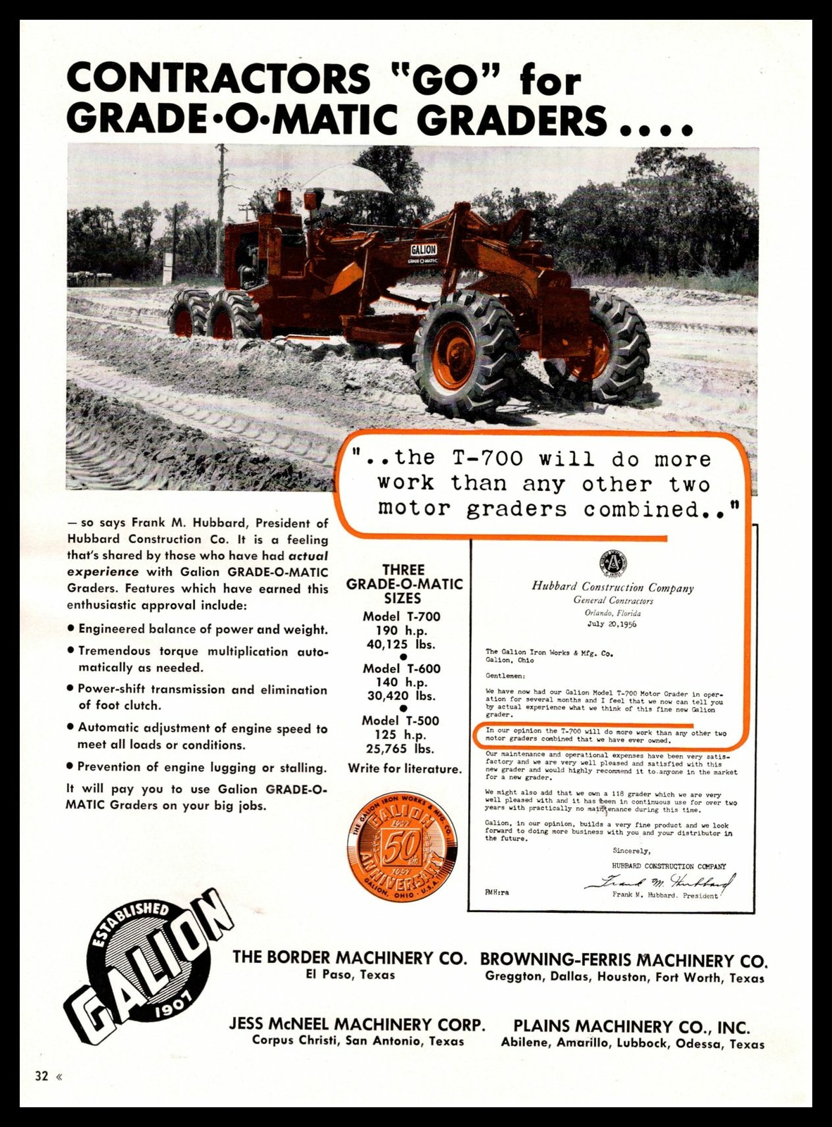 1957 Galion T-700 Grade-O-Matic Grader Border Machinery El Paso Texas Print Ad