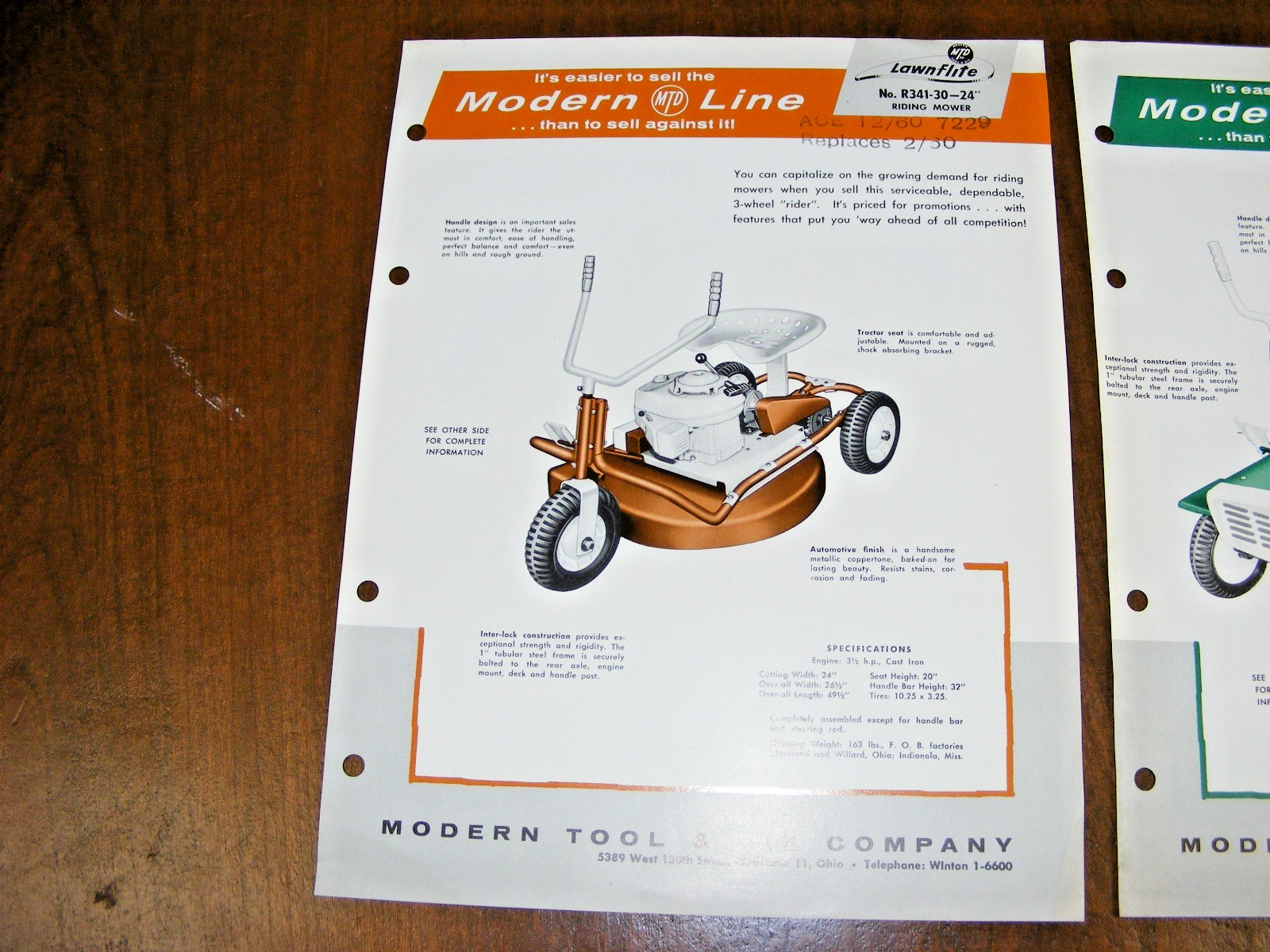 (2) 1960 MTD Riding Modern Line Mower Sales Spec Sheet Brochure