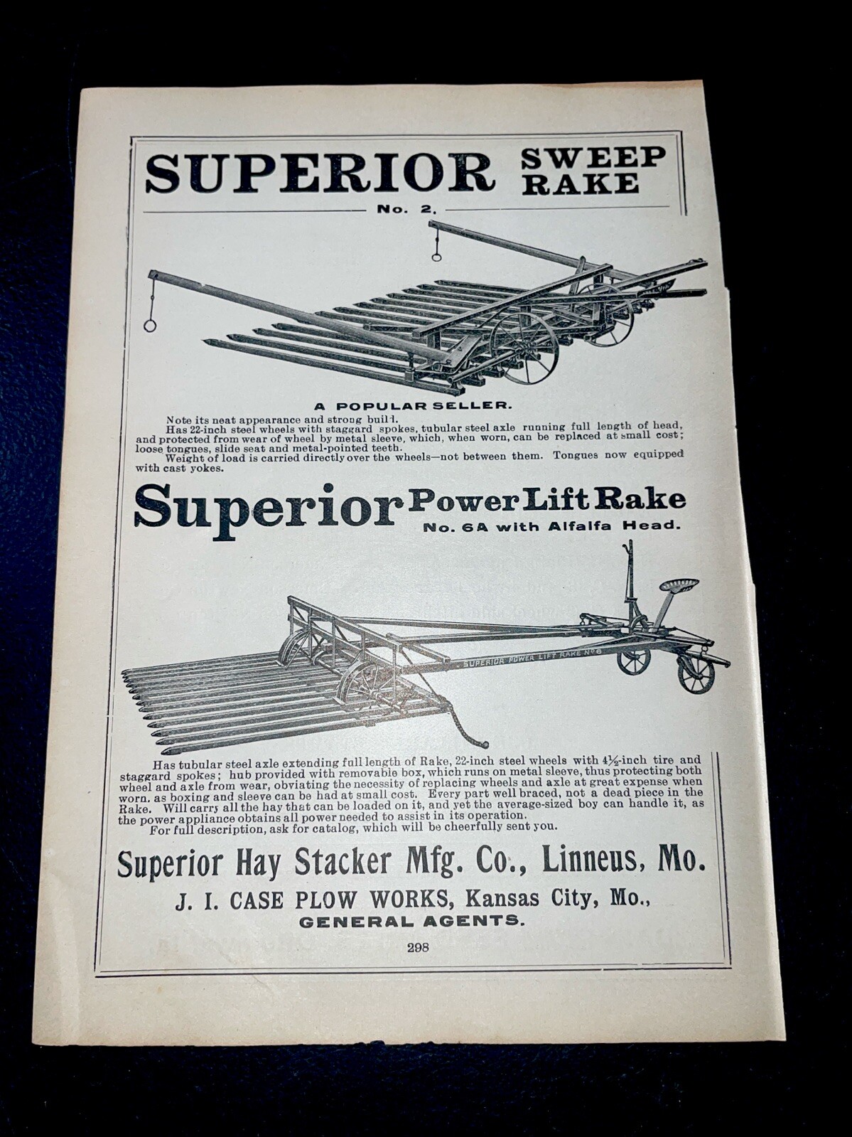 ORIGINAL 1907 Superior Hay Rakes & Stackers Farm Implement Advertising
