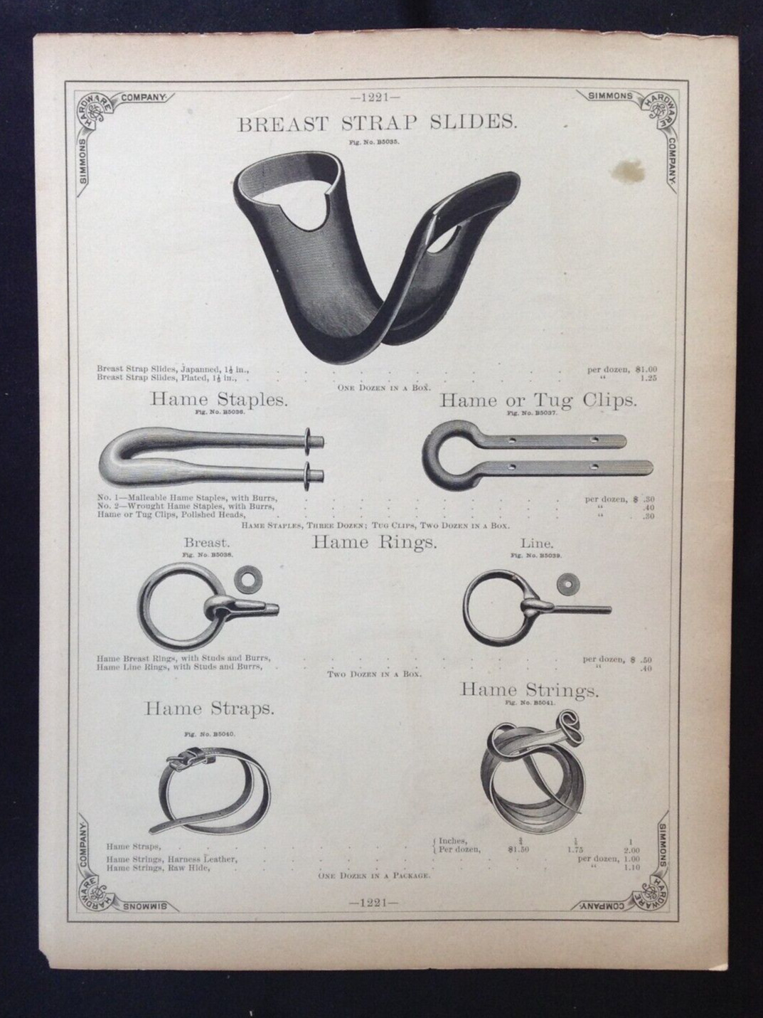 1888 Vintage Simmons Hardware Catalog Pgs Victorian Horse Hames Snaps Rings