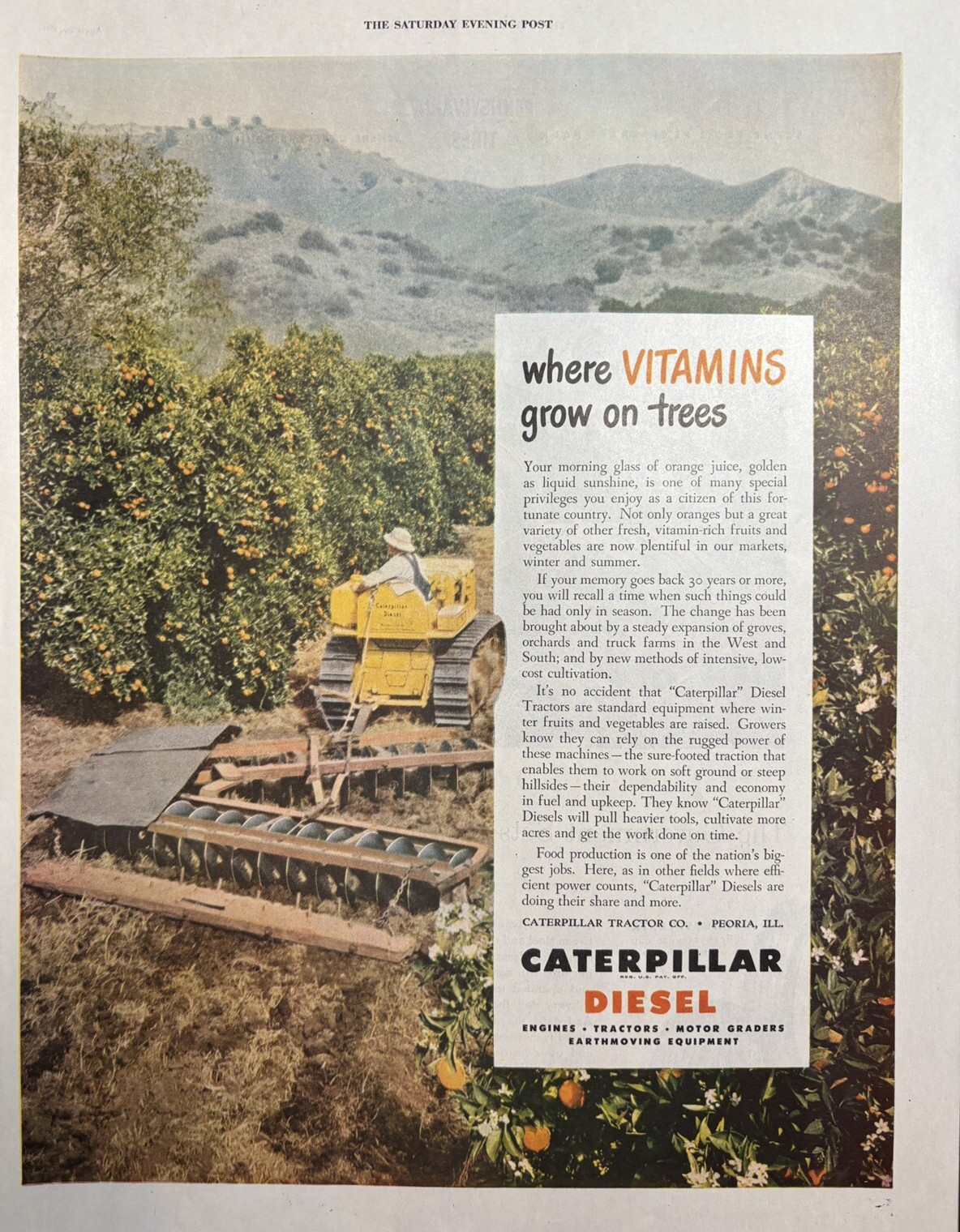1947 Caterpillar Diesel Tractors Oranges Vitamins Grow Trees Vintage Print Ad