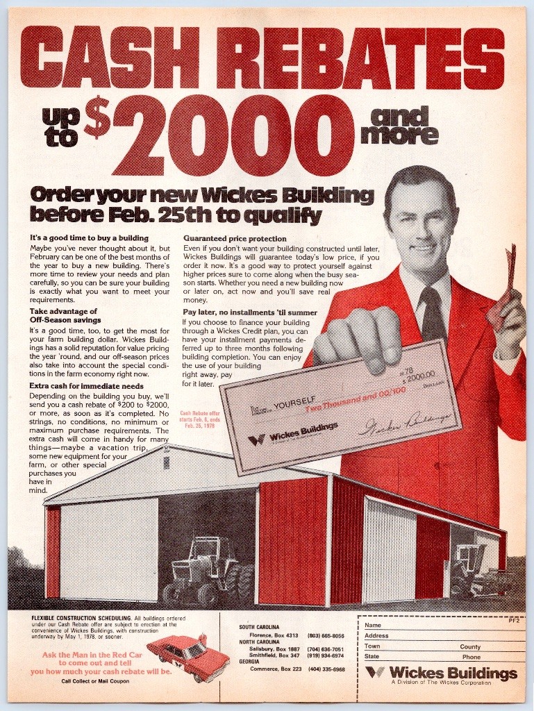 Wickes Buildings Cash Rebates Pole Barn Farm Tractor 1978 Print Ad