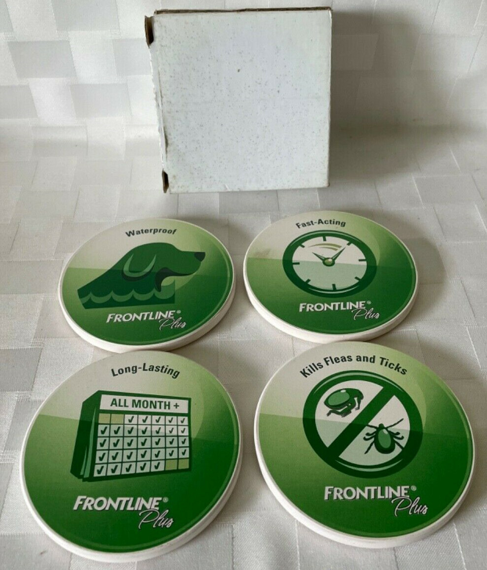 Frontline Plus Dog Flea Tick Promo Coasters Set of 4 Ceramic Cork Back 3.5” Vtg