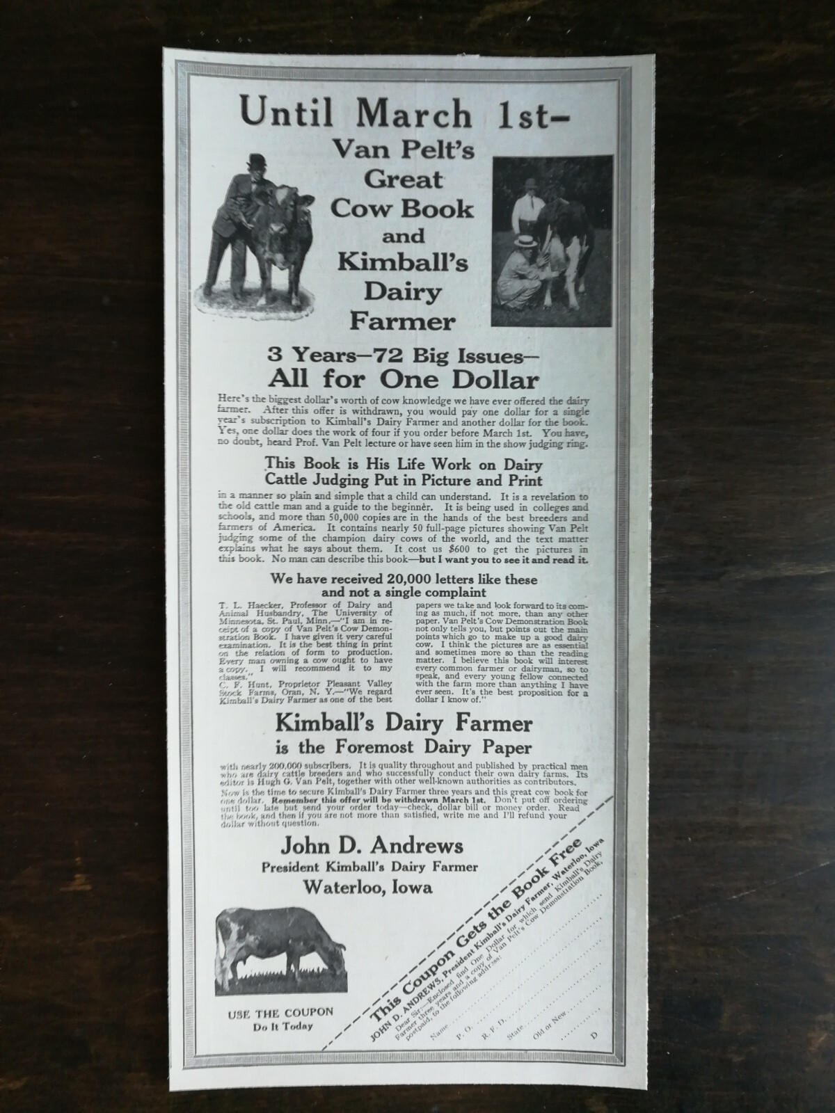 Vintage 1917 Van Pelt&rsquo;s Great Cow Book & Kimball&rsquo;s Dairy Farmer Original Ad 222