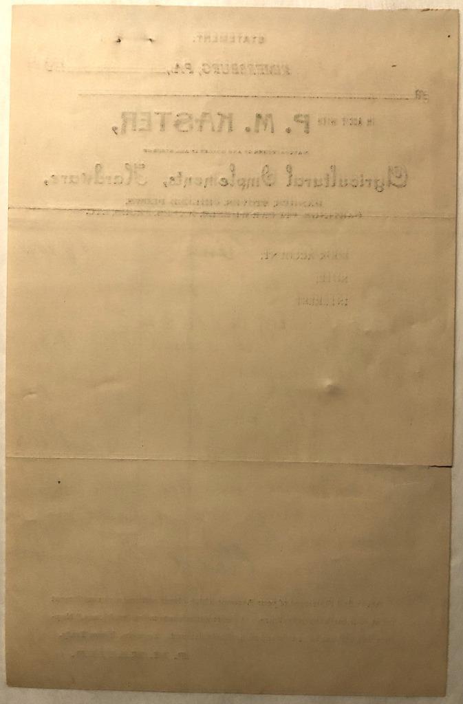 1904 Statement P. M. Kaster Agricultural Implements & Hardware Rimersburg, Pa.