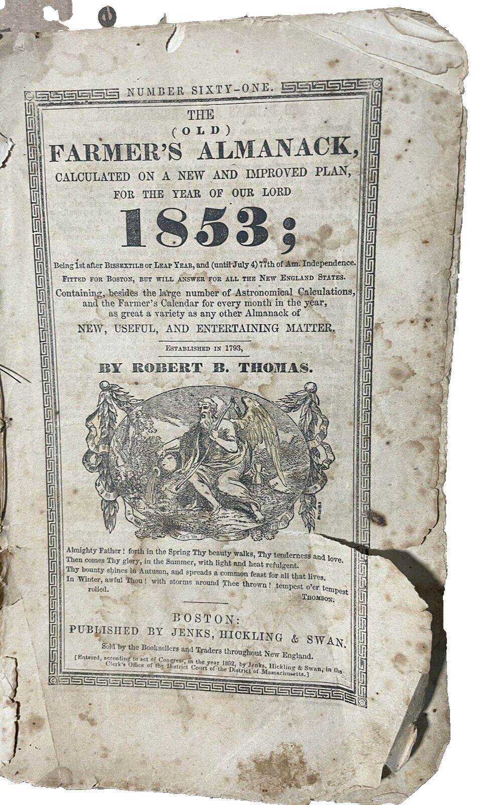 1853 Farmer&rsquo;s Almanac Robert B Thomas Boston Jenks Hickling Swan Antique