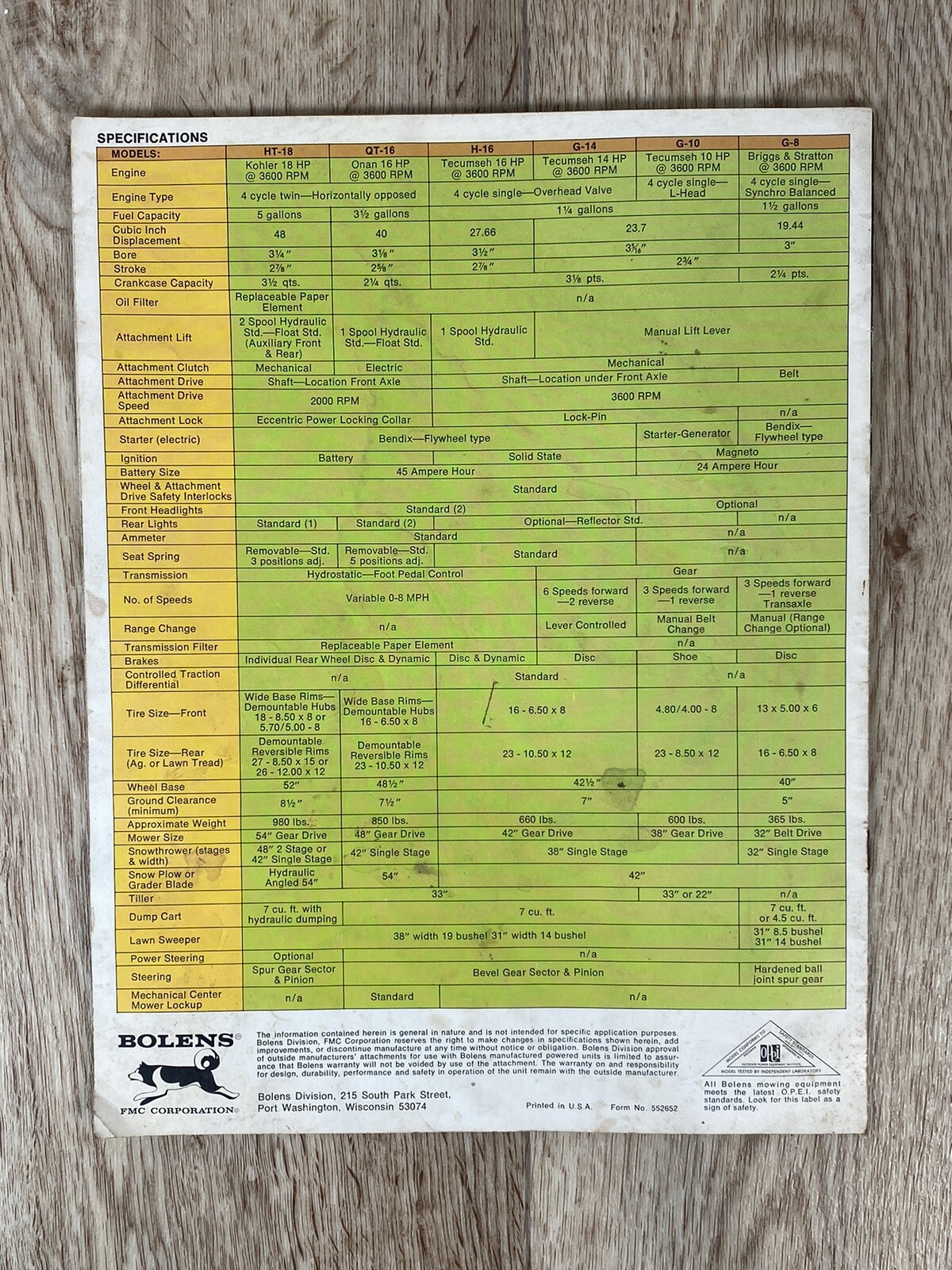 1973 Bolens Husky Brochure Lawn & Garden Tractors Sales Specification Catalog