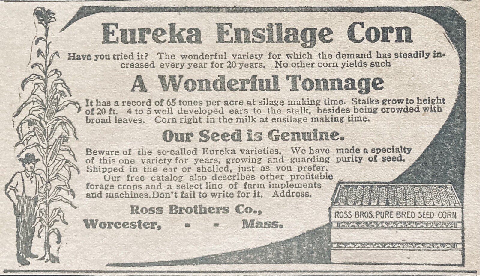 1906 AD(XH36)~ROSS BROS. CO. WORCESTER, MASS. EUREKA ENSILAGE CORN