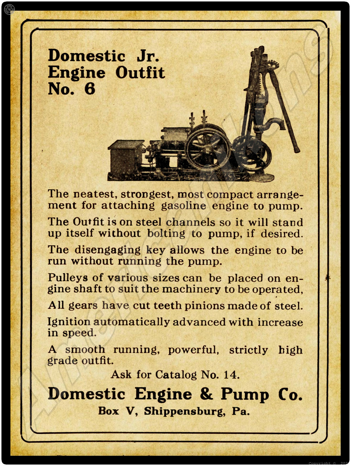 1914 Domestic Engine & Pump Co. New Metal Sign: Shippensburg, Pennsylvania No 6