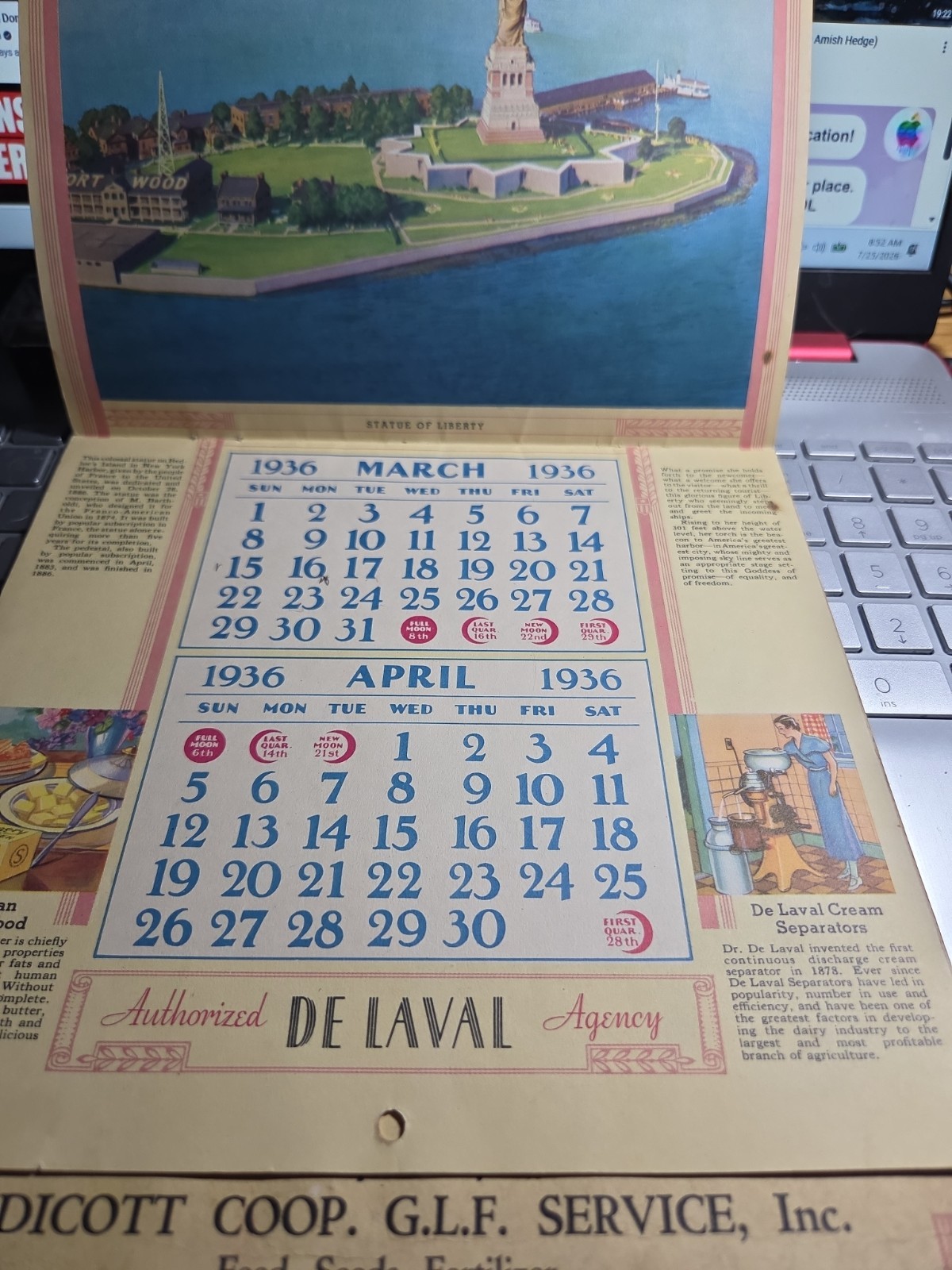 1936 Endicott Coop G L F Inc Union N Y Complete Advertsing Calendar