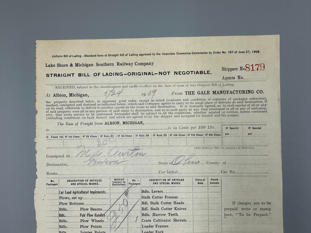 1909 LAKE SHORE & MICHIGAN SOUTHERN RAILWAY Bill of Lading GALE Farm Advertising