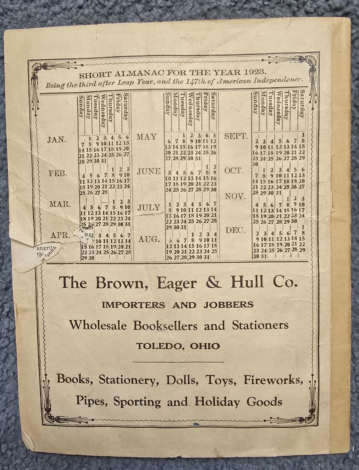 1923 John Baer&rsquo;s Sons Agricultural Almanac Lancaster, PA Volume 198th Magazine