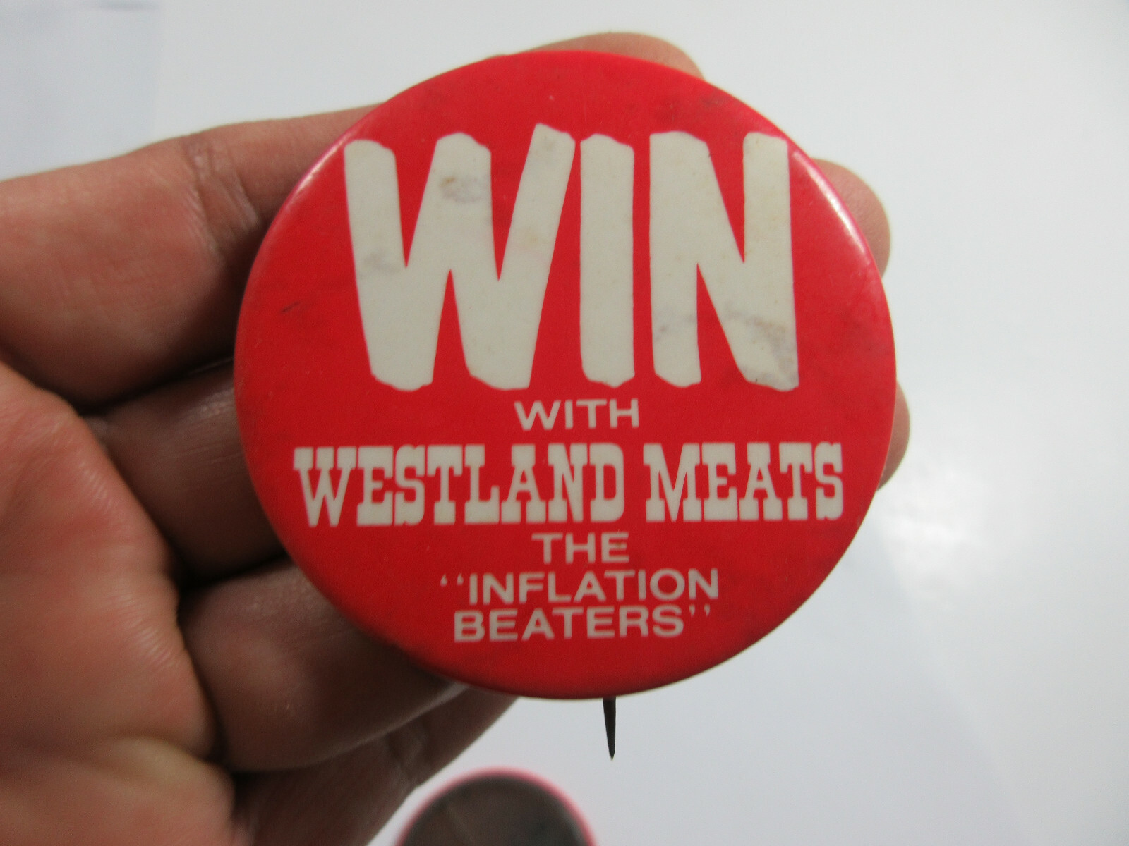lot 2 vintage Win with Westland Meats promo ad agriculture pin button badge