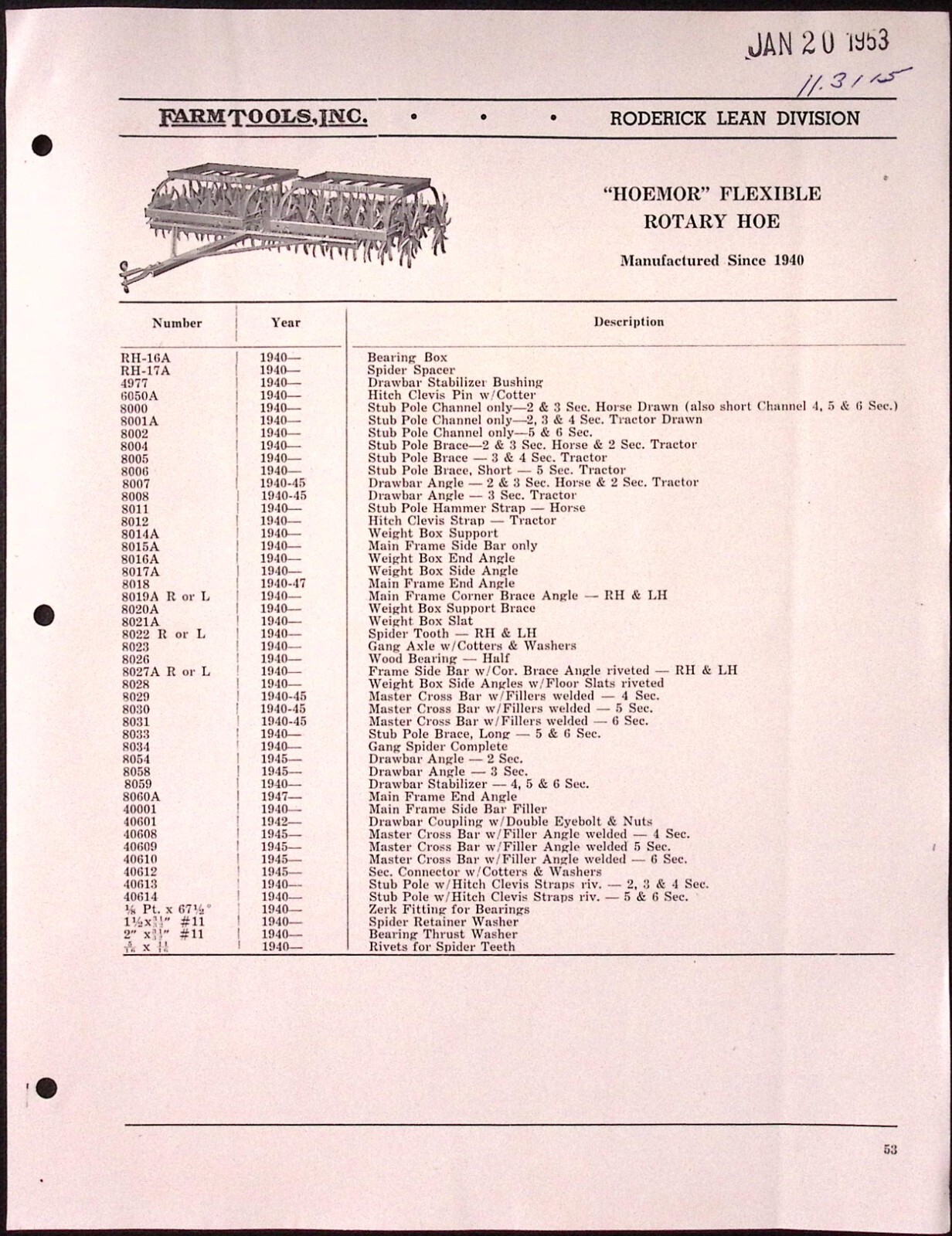 1954 Roderick Lean Hoemor Tractor Rotary Hoe Brochure Farm Tools Inc Mansfield