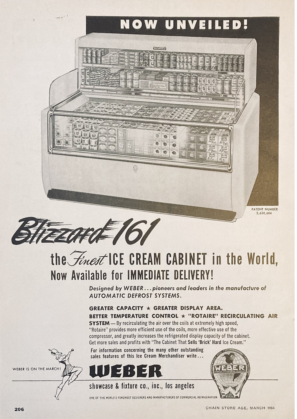 1954 AD.(XG20)~WEBER FIXTURE CO. LOS ANGELES, CA. BLIZZARD 161 ICE CREAM CABINET