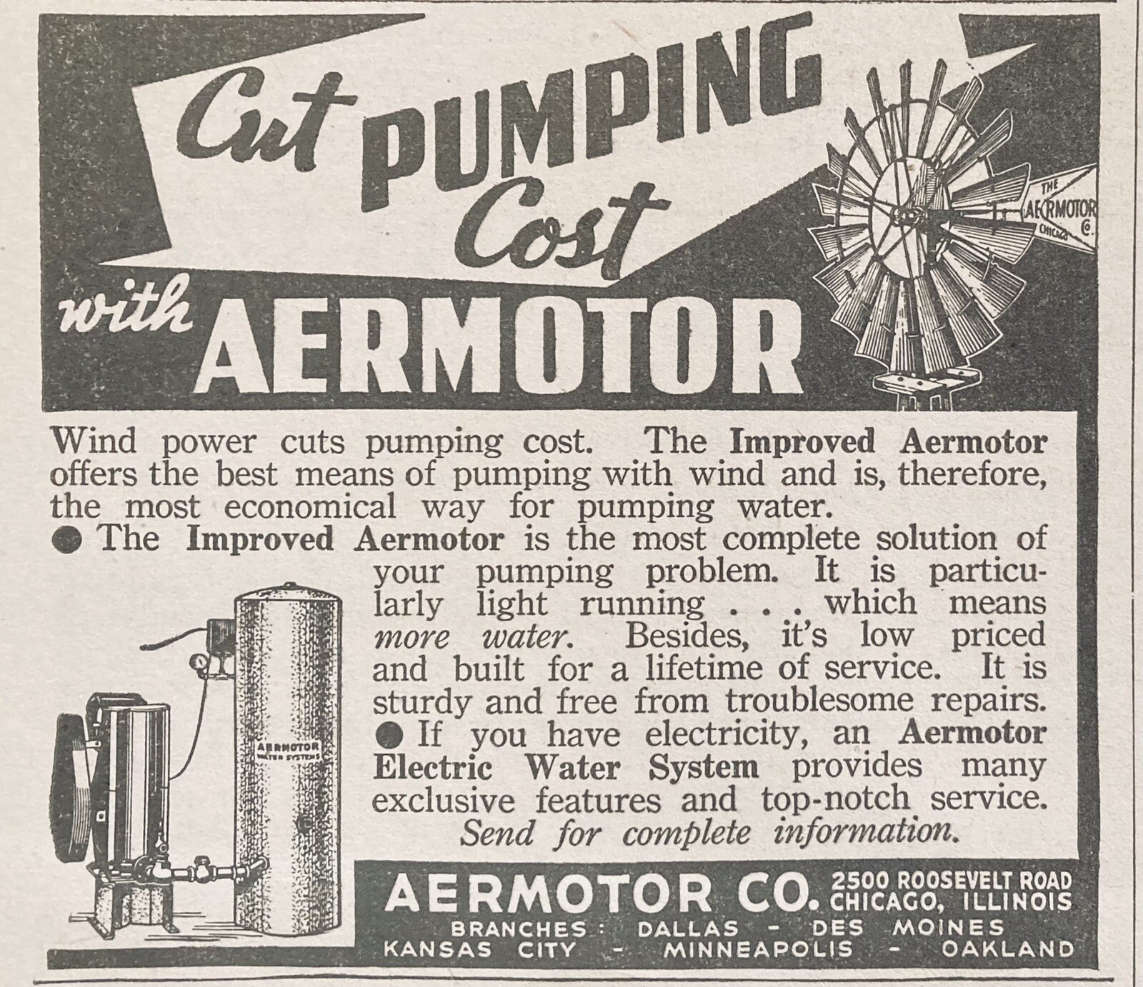 1938 AD.(XH24)~AERMOTOR CO. CHICAGO. AERMOTOR WINDMILL FOR WATER PUMPING