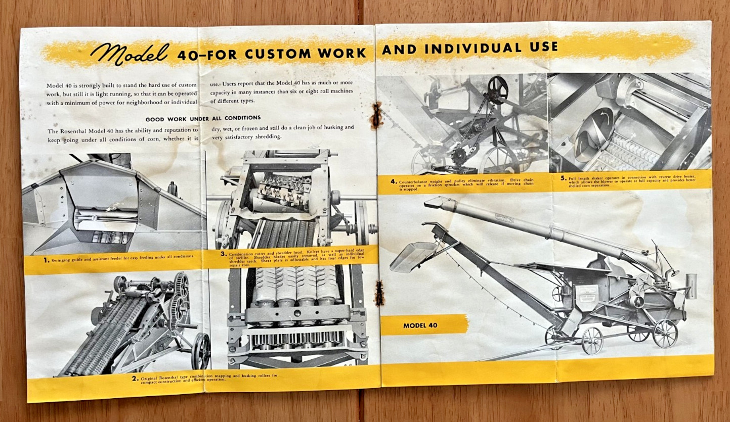 1950 Rosenthal Corn Husker model 40 & 4-20 sales brochure w/letter Milwaukee WI