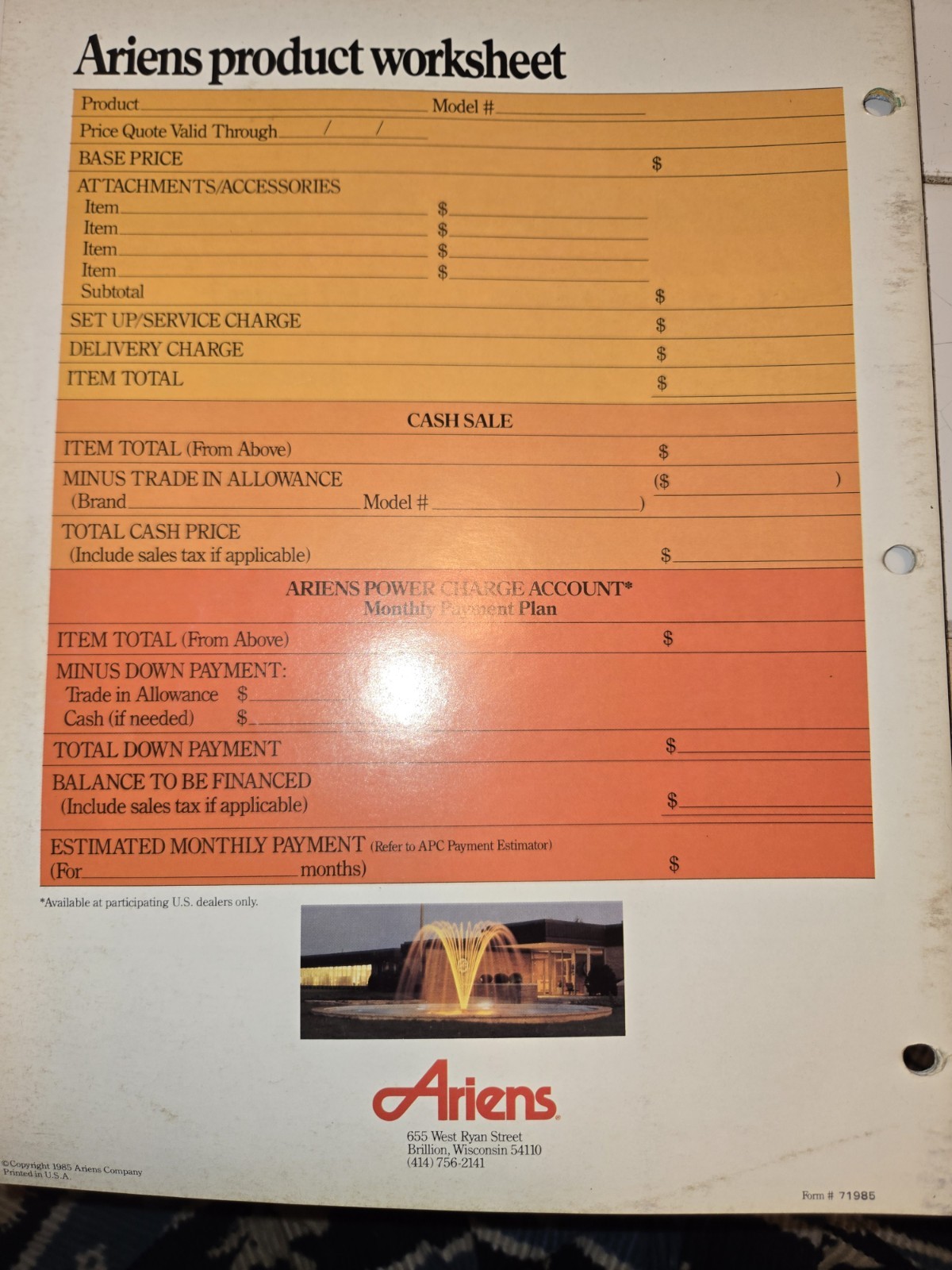 1985 ARIENS SNO THROS PRODUCTS DEALERSHIP ADVERTISING BROCHURE
