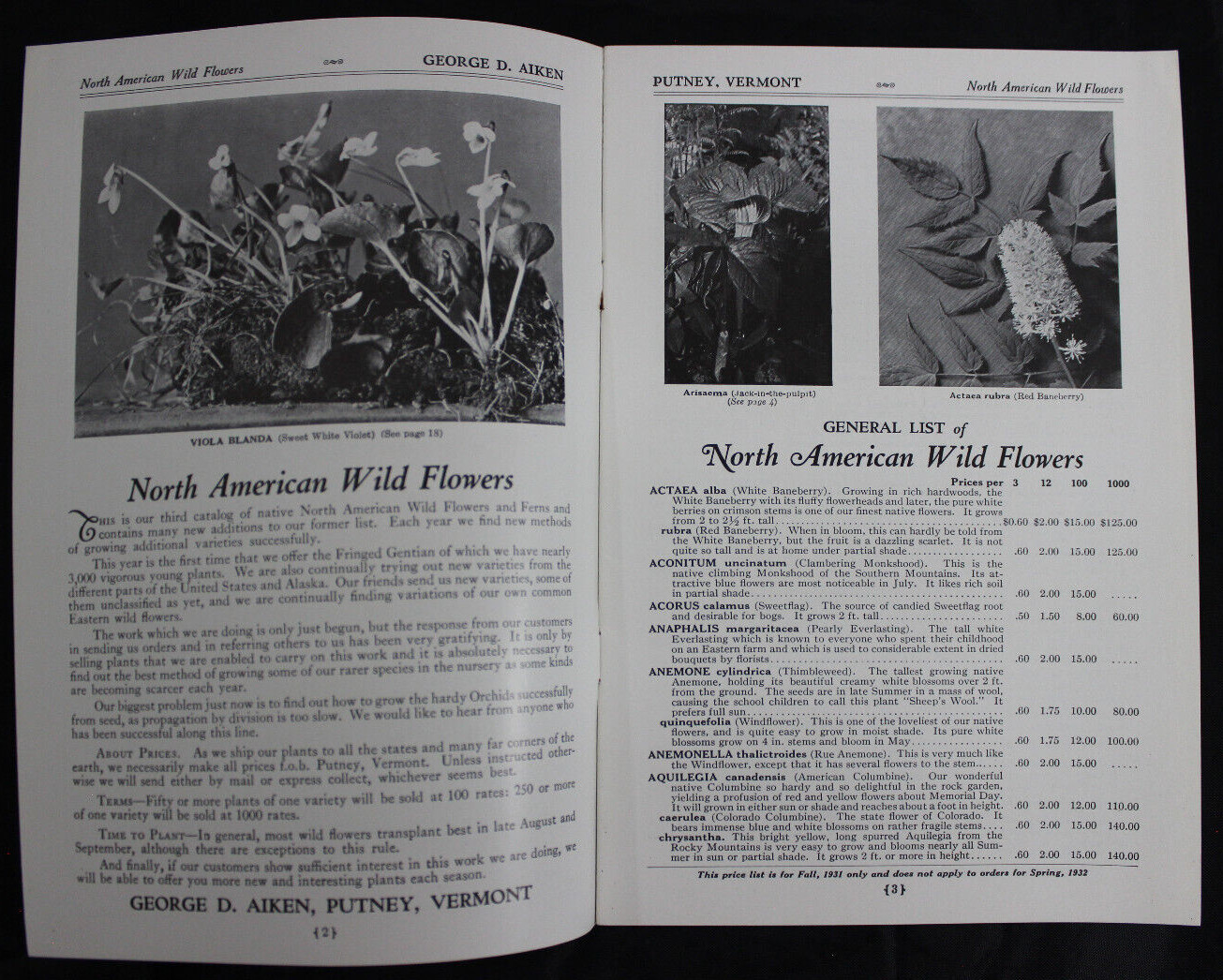 1931 NATIVE NORTH AMERICAN FERNS & WILD FLOWERS CATALOG, GEORGE AIKEN, PUTNEY VT