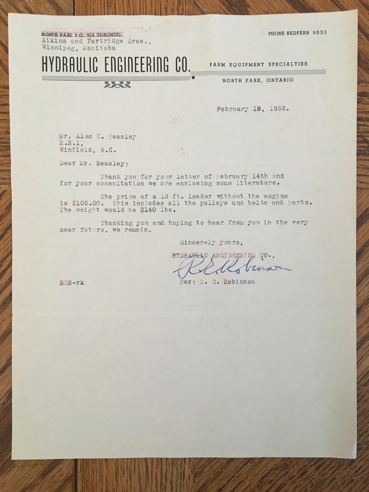 Hydraulic Engineering Farm Machinery Letter Receipt 1952 Kelowna BC Cattle Ranch
