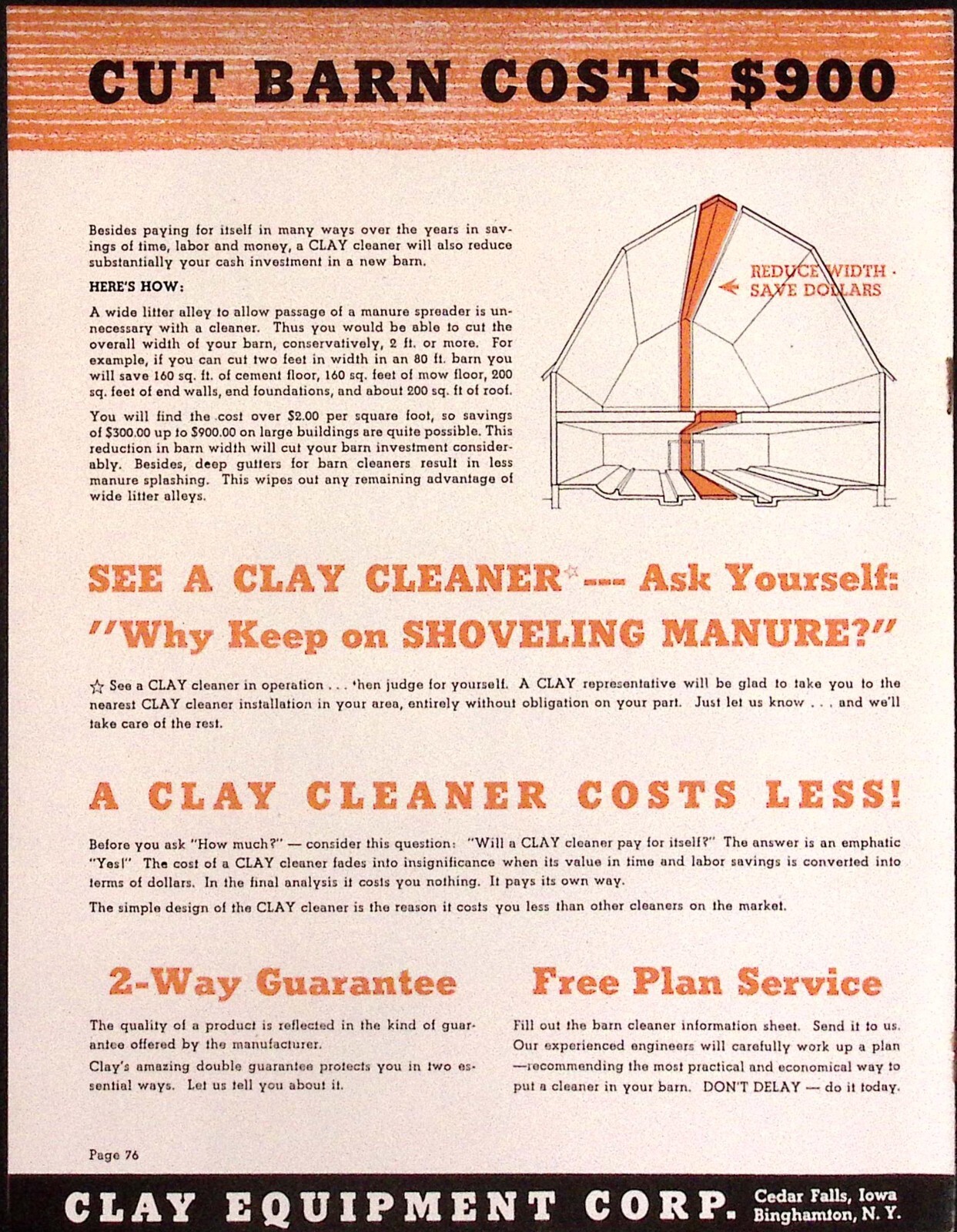 1950sClay Equipment Corp 3 New Gutter Cleaners for Barns Brochure Binghamton NY