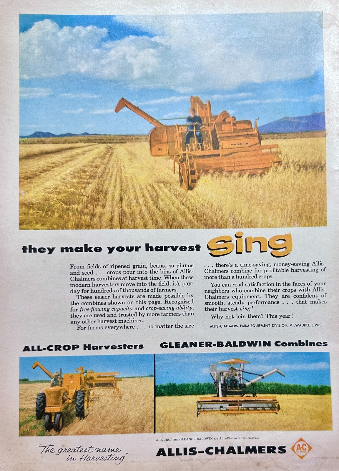 1957 Allis-Chalmers All Crop Harvester & Gleaner-Baldwin Combines Ad #N1134
