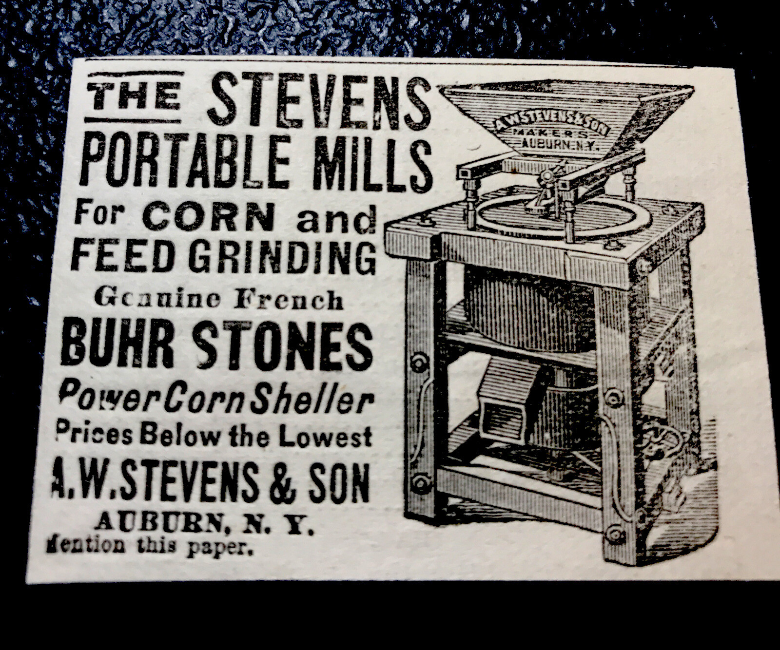 1886 Stevens Corn Mill Farm Advertising – Auburn – New York