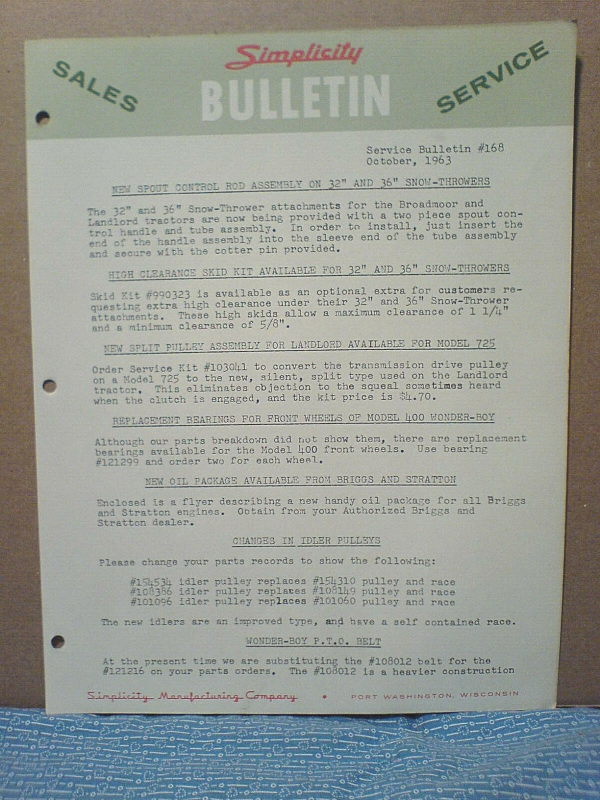 SIMPLICITY ORIGINAL OCTOBER, 1963 2 PAGE SERVICE BULLETIN #168