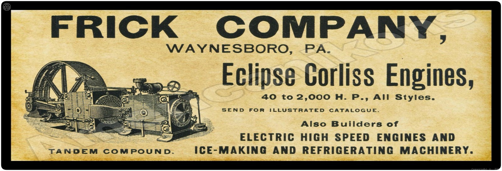 1895 Frick Corliss Engines New Metal Sign, 12&Prime; x 36&Prime; USA STEEL XL Size – 4#