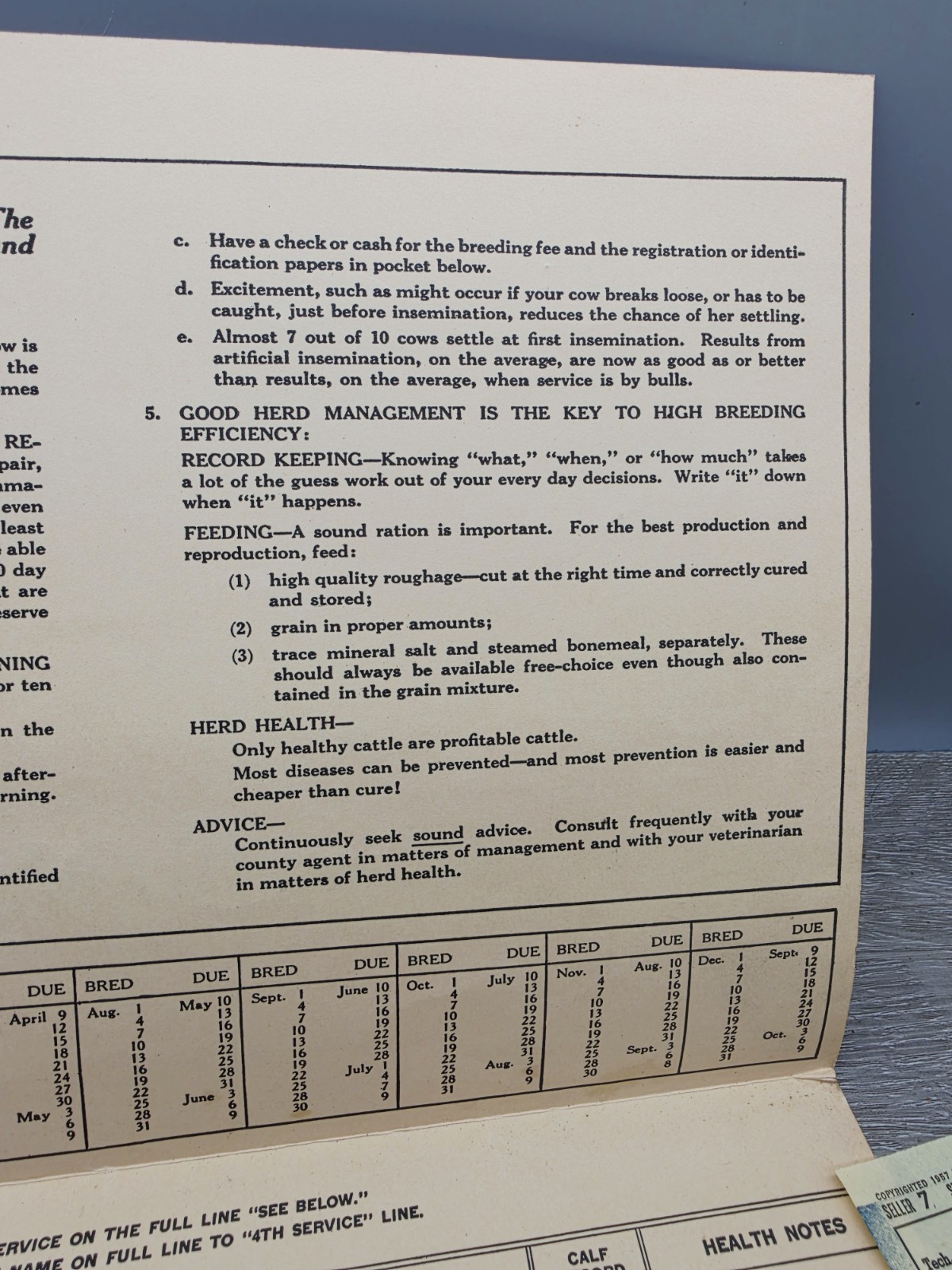 Rare 1957 American Breeders Service Folder Cow Breeding Schedule Advert Filled