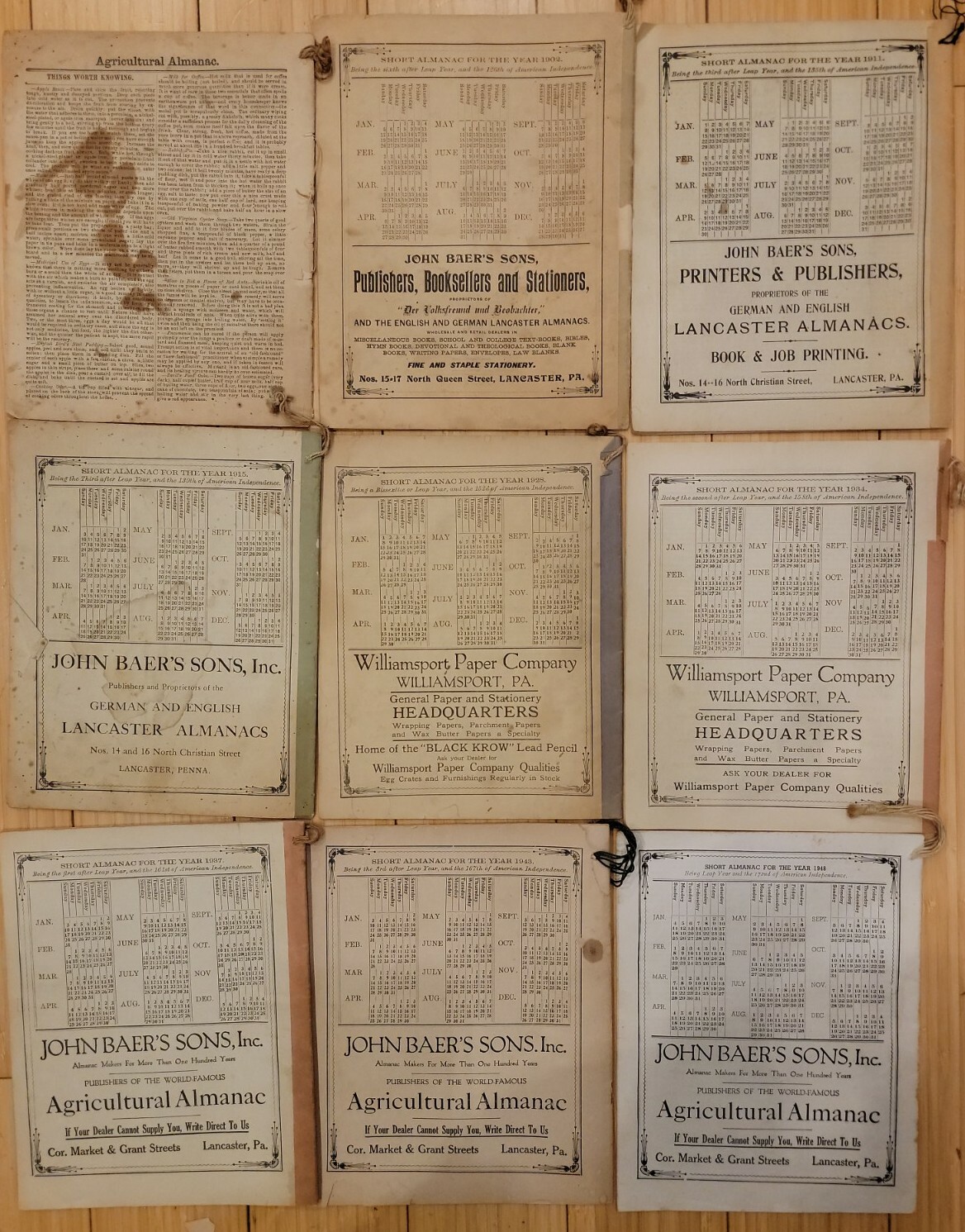 9 Vintage 1900s John Baer&rsquo;s Agricultural Almanac Lancaster, PA Antique Farmers