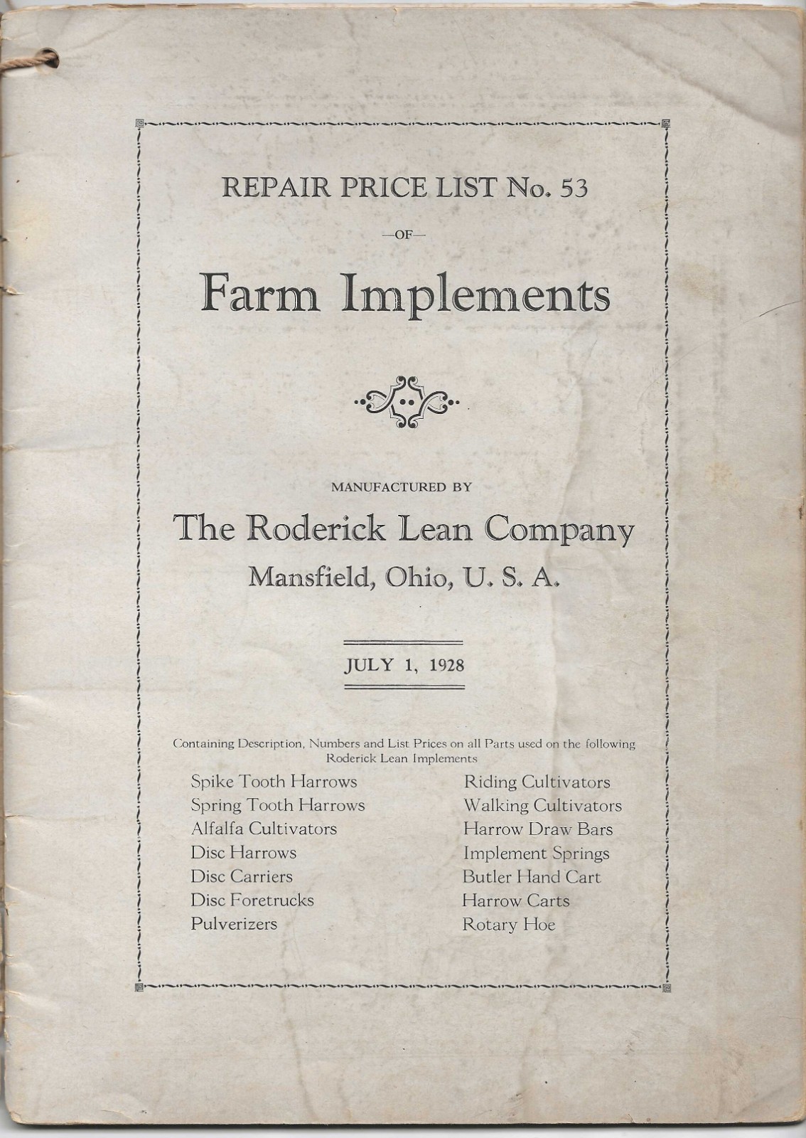 1929 RODERICK LEAN Repair Parts Price List AGRICULTURAL IMPLEMENTS Catalog #33