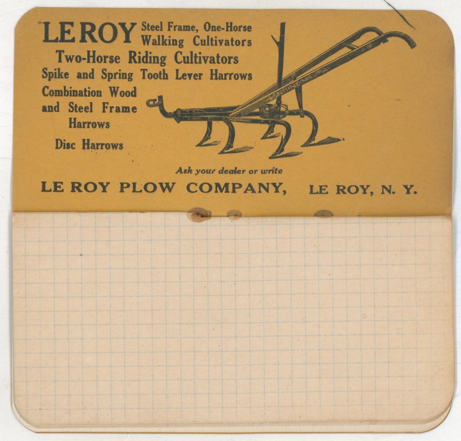 c1915 Le Roy Plow Co Farm Implement Advertising Memo Pad Harrows Cultivators NY