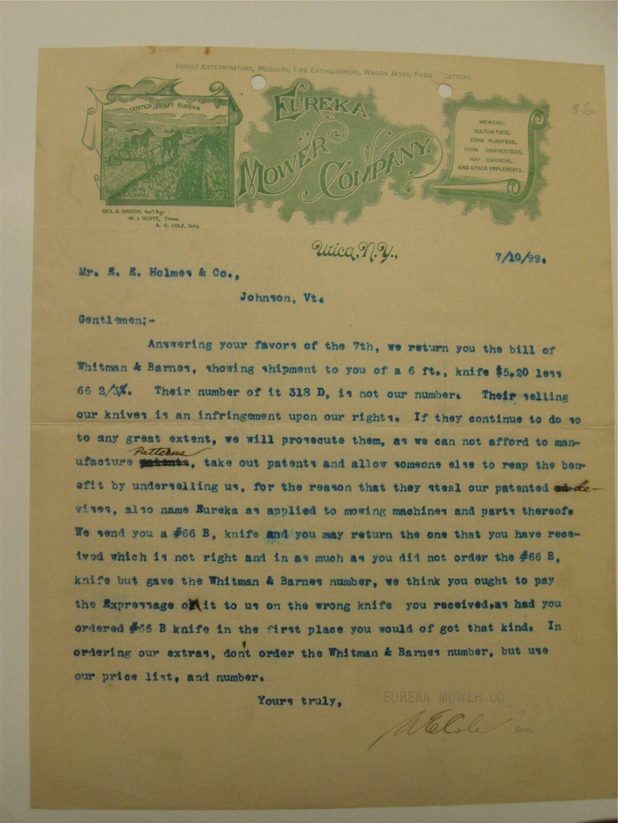 Eureka Mower Company Utica New York NY 1899 Letter Interesting Topic – S1-4