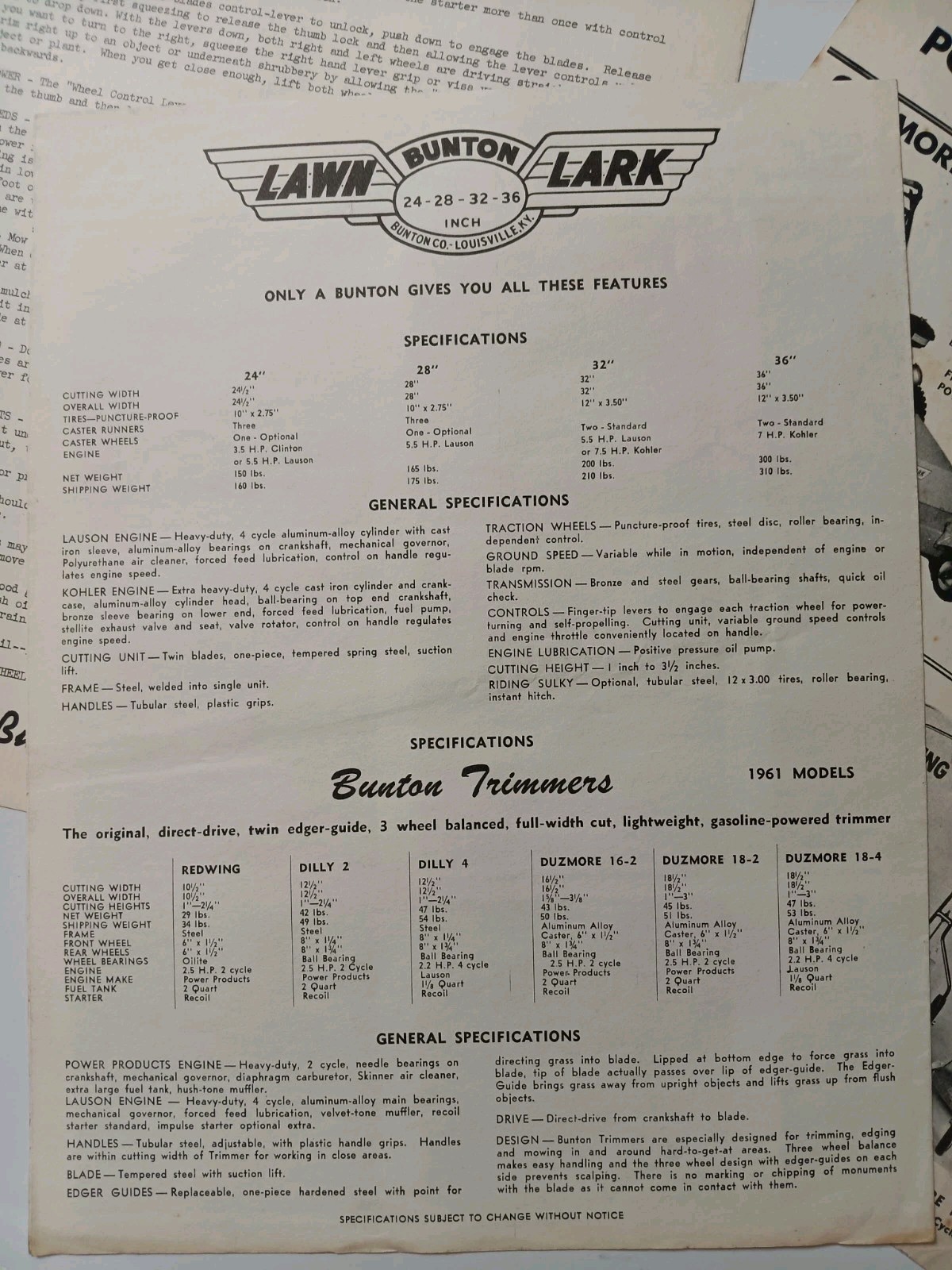 6 Bunton Lawn & Garden Mowers Brochure Lawn LARK, Fort Knox, Instructions