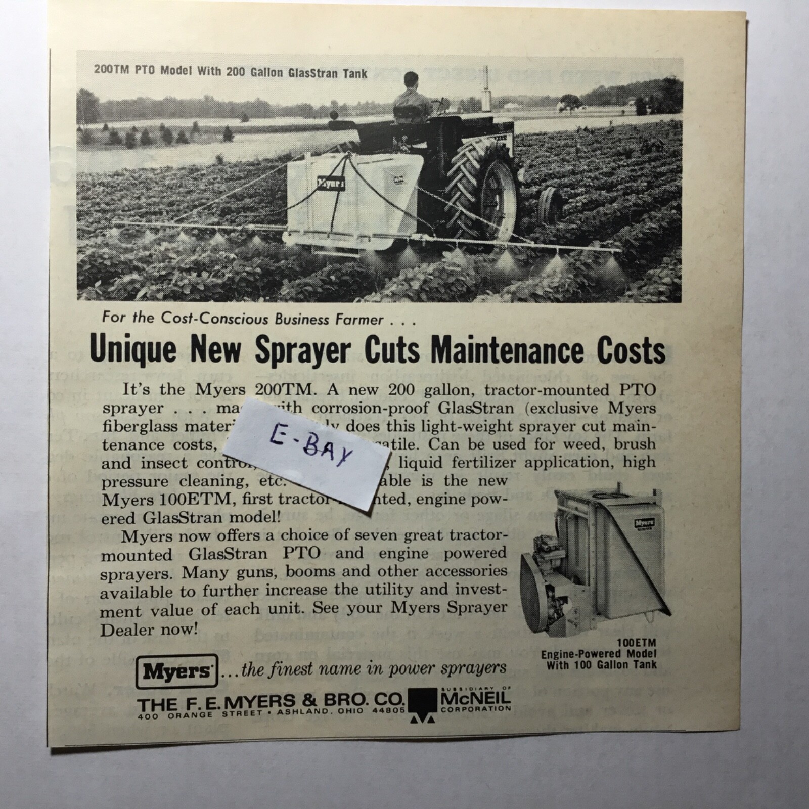 1968 Myers 200 PTO Sprayer. 1968 ad. The F. E. Myers & Bro. Co. Ashland Ohio