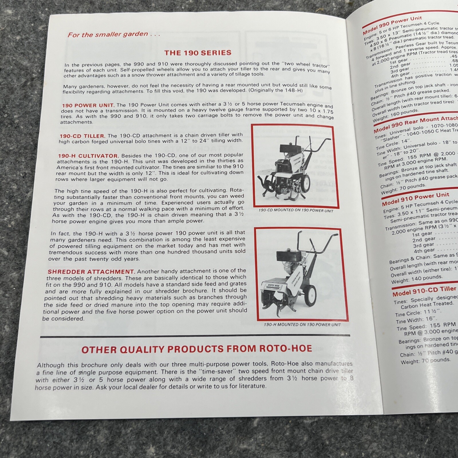 Roto-Hoe 910 990 190 Walk-Behind Tiller Snow Garden Tractor Color Sales Brochure