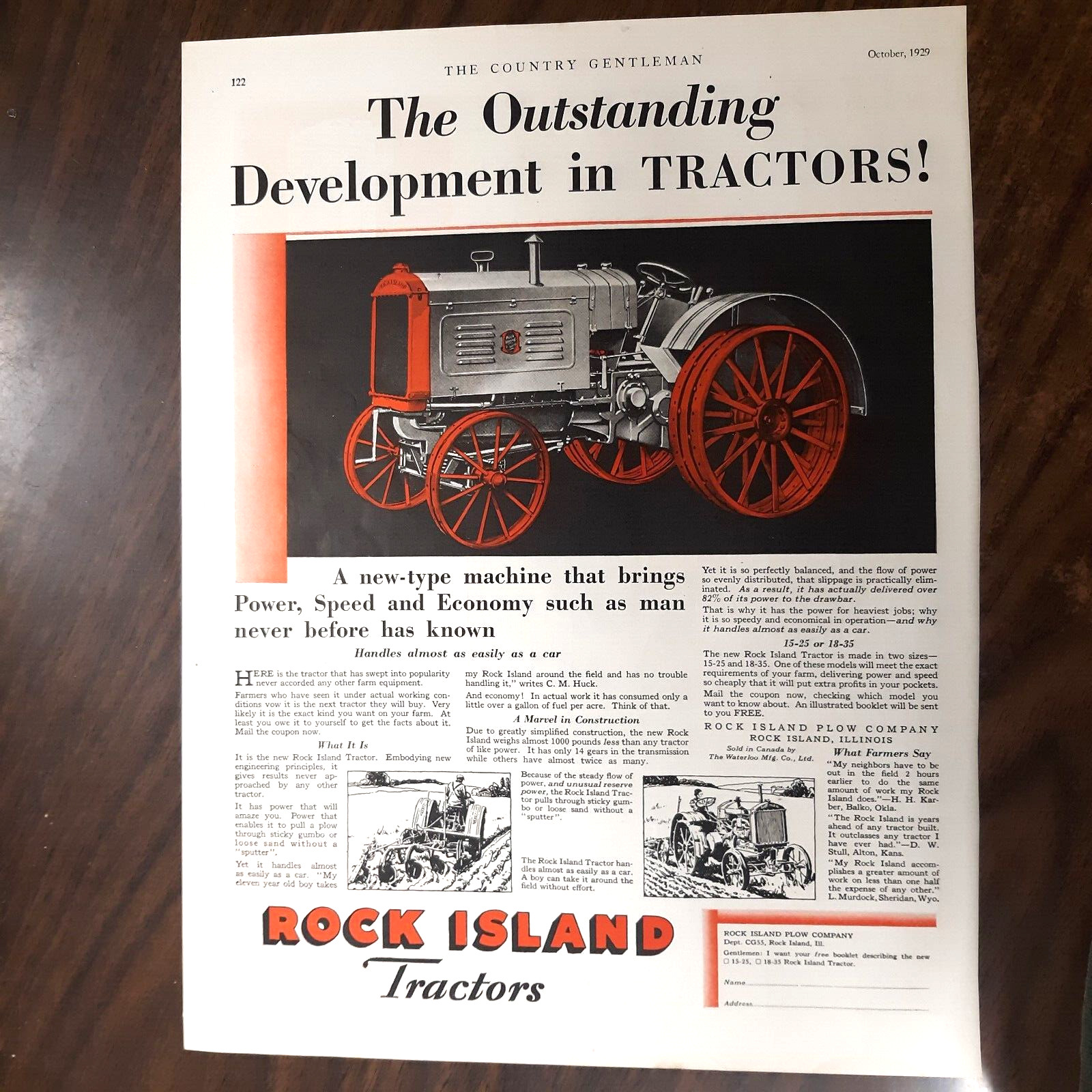 1929 Rock Island Tractor Full Page Color Ad great for framing