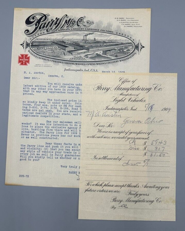 1909 PARRY CARRIAGE Letter Invoice Ephemera INDIANAPOLIS Advertising