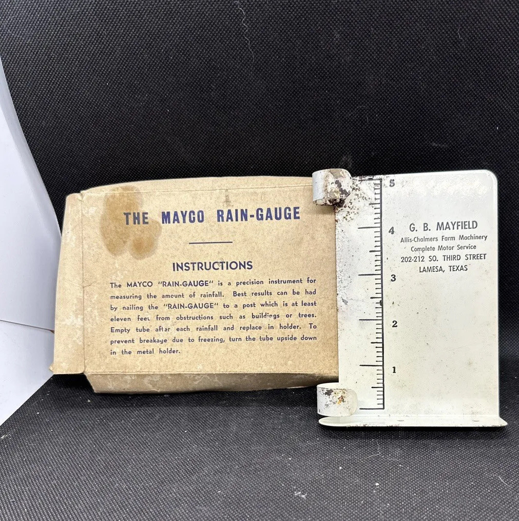 Vintage 1950 Rain Gauge G B Mayfield Allis Charmers Farm Machinery LAMESA Texas