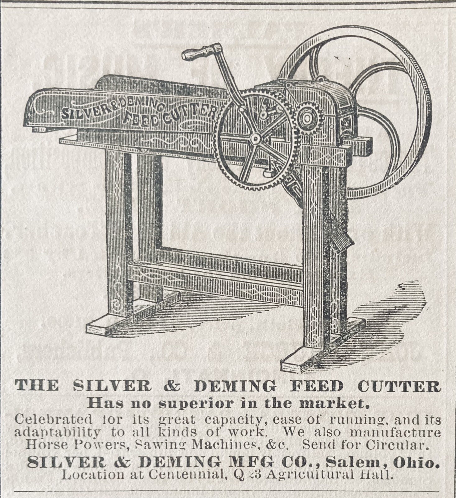 1876 AD.(XH65)~SILVER & DEMING MFG. CO. SALEM, OHIO. DEMING FEED CUTTER