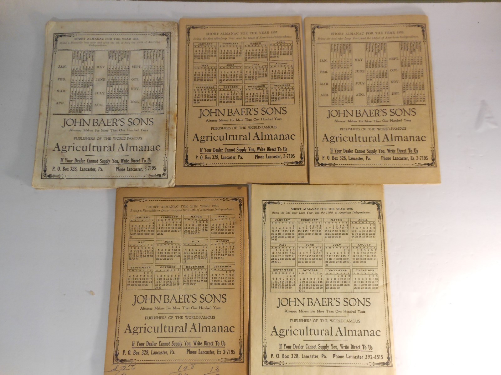Lot of 5 Vintage Agricultural Almanac&rsquo;s 1952,57,58,60,66 John Baer&rsquo;s LancasterPa