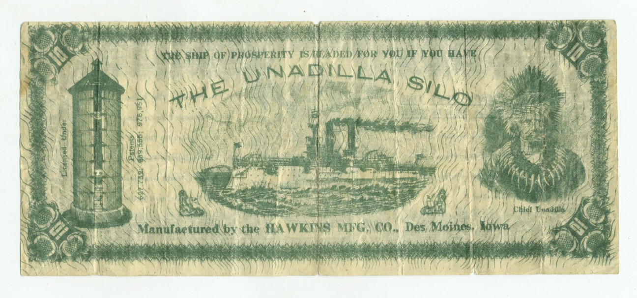 Early 1900s? Unadilla Silo $10 Bill Advertising Buck Unadilla, NY/Des Moines, IA