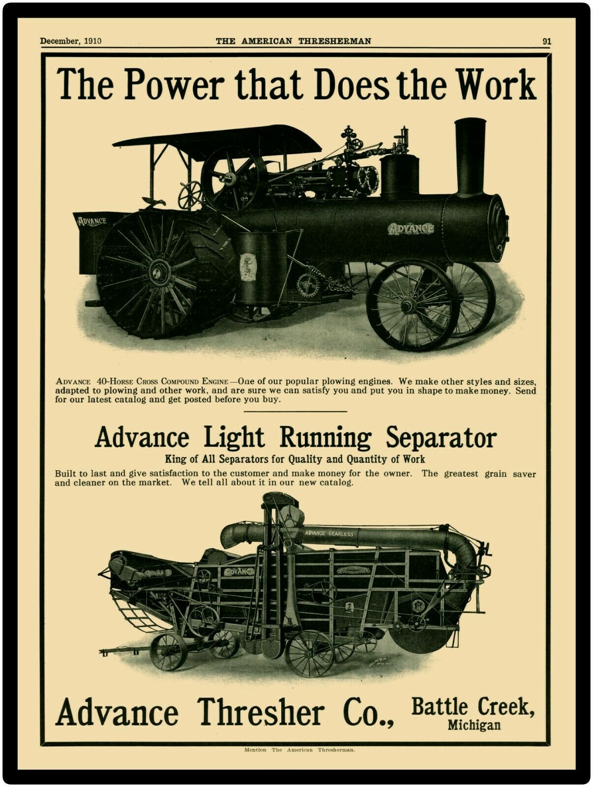 1910 Advance Thresher Co. Battle Creek, MI New Metal Sign: LARGE SIZE 12 X 16
