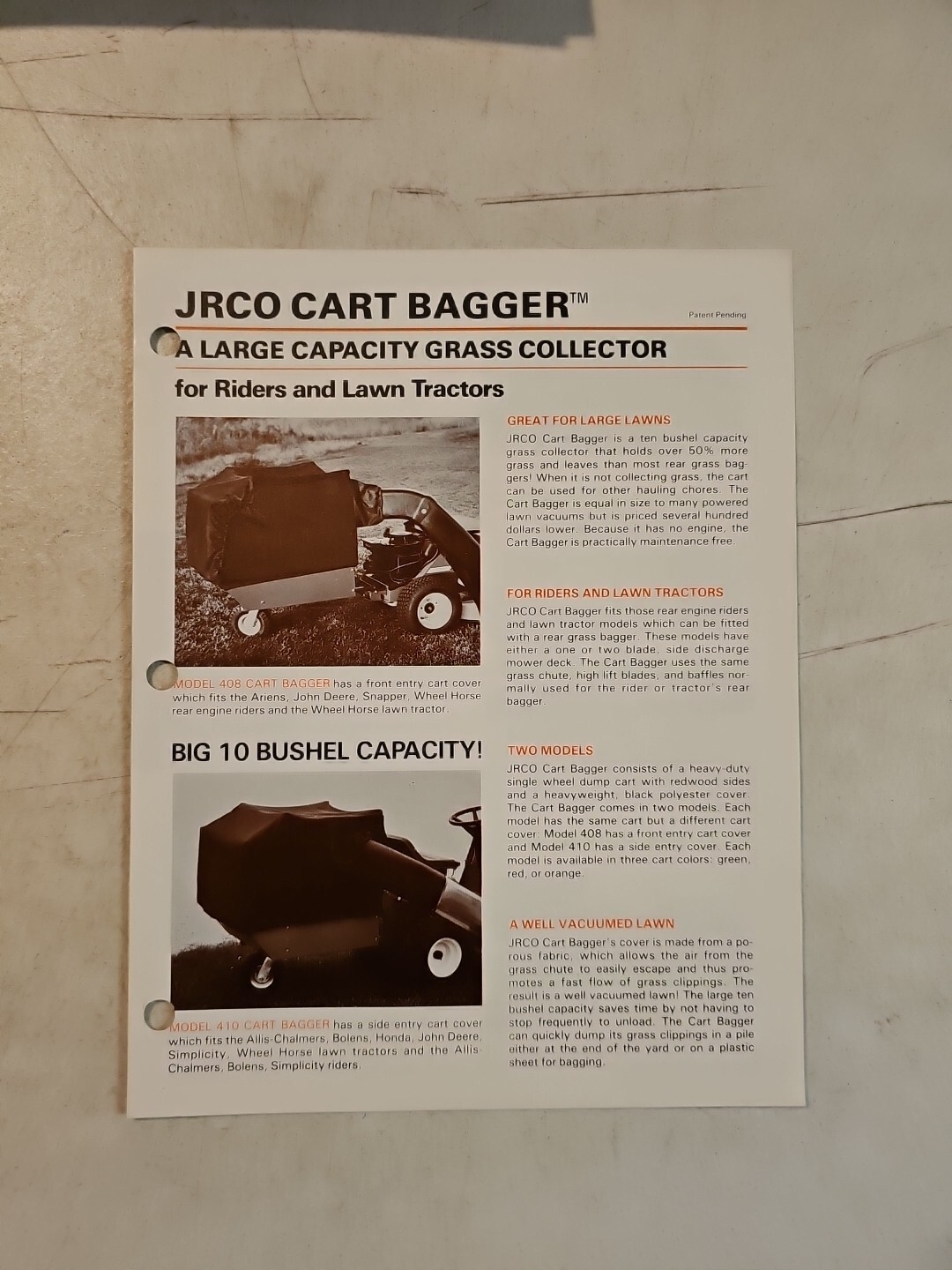 VINTAGE 1985 JRCO CART BAGGER GRASS COLLECTOR SALES BROCHURE