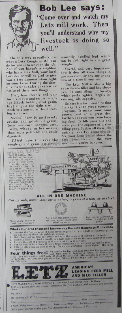 1932 Print Ad * Letz Feed Roughage Mill No 344 All In One Machine Crown Point IN